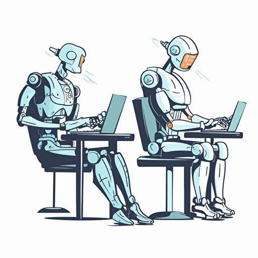 a friendly robot and a human working next to each other on their computers, white background, in the style of vector art,