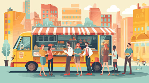 three people standing around a food truck on a busy street, eating and having conversation, modern illustration, vector art, morining time, detailed scene