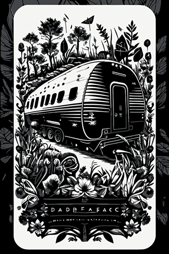 A card back, in the style of Floral featuring Campers Camping, black and white. The card back should have a unique design, with elements of fluidity and movement, Flat with no shadow, no script, horizontal symmetry, while still maintaining a cohesive and symmetrical look and feel throughout the deck. The overall design should evoke a sense of nature and the outdoors, tranquility, The final product should be high-quality, vector artwork, suitable for printing on the backs of standard playing cards.