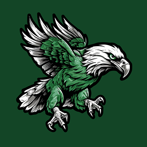 a modern concept for the old 80's philadelphia eagles logo, sports logo, green bald eagle with a football in it's talons, green silver black and white, vector art