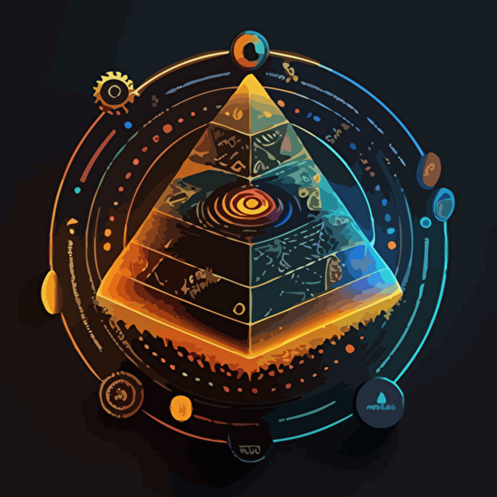 Within a dynamic digital exchange, a shimmering digital pyramid catches the eye, its unique patterns and colors encircled by a fluid aura representing ownership and security, as digits and symbols create a colorful vortex, showcasing the diversity of NFTs in the blockchain world. Flat illustration, UI illustration, GUI, Minimalism, dark background, vector, trending on Dribbble, Pinterest,