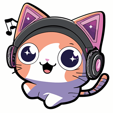 Expression: Excited meow, Action: Racing around the room, digital drawing cartoon sticker, is a cat wearing headphones, kawaii, contour, vector, transparent background, 2D