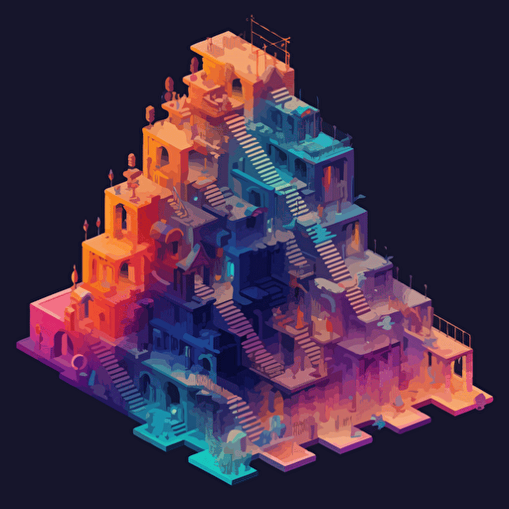 identical levels of a building, cutaway view, many iridescent staircases, isometric, vector shapes, magical