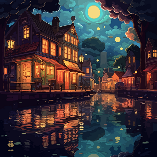If you die, you start over again And everything will repeat, as of old: Night, icy ripples of the channel, Pharmacy, street, lamp :: vector cartoon style ar 3:2