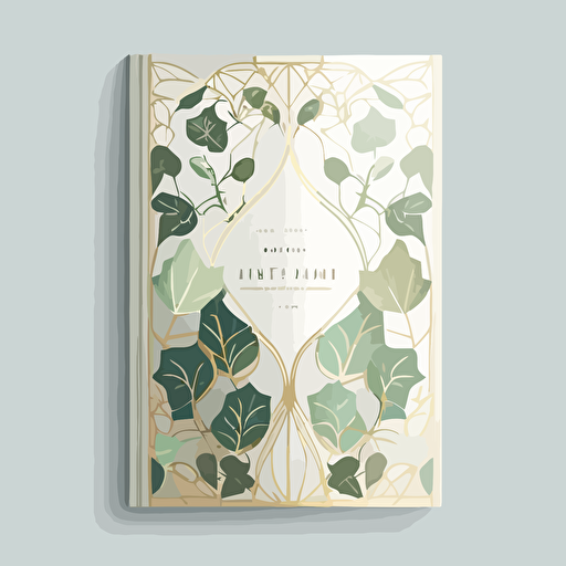 wedding booklet design. Stained glass ivy petal art front page. Muted colors. Light green, gold, white. Minimalistic. Flat vector illustration.