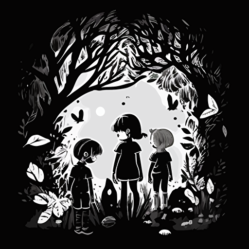 two boys and one girl emerging from the forest looking at another boy near a tree. Black and White vector illustration. Cheerful image with magical fruit around