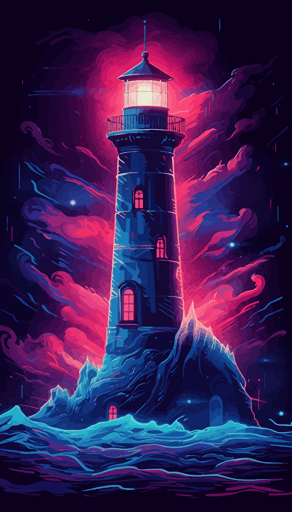 digital art of lighthouse with foghorn in fog in synthwave style, bioluminescence glow in the dark, vector, cosmic background
