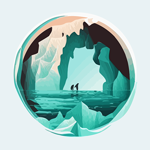 Vector artwork, of two icebergs inside a circular ice crystal, minimalistic, simple, color woodcut artwork, vector, logotype, white background