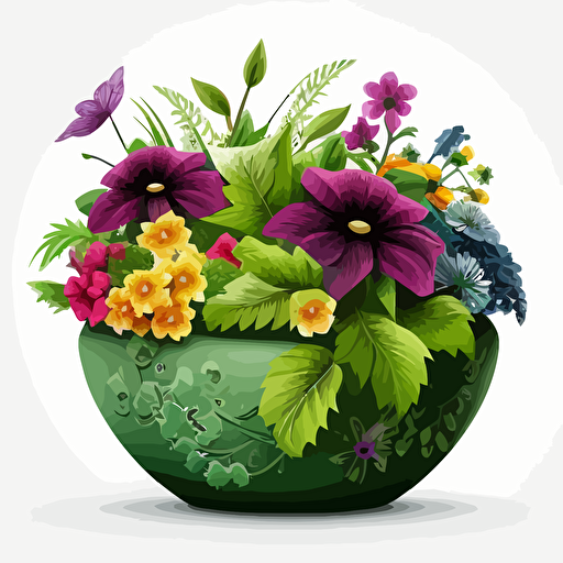 create a green planter full of amazingly colorful flowers vector style on white background