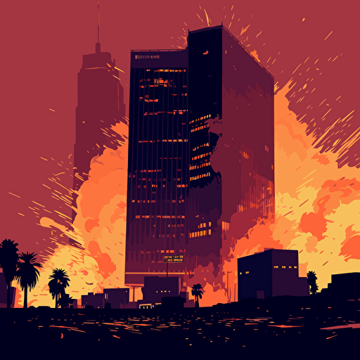 die hard nakatomi plaza, explosion at the top, vector, night scene
