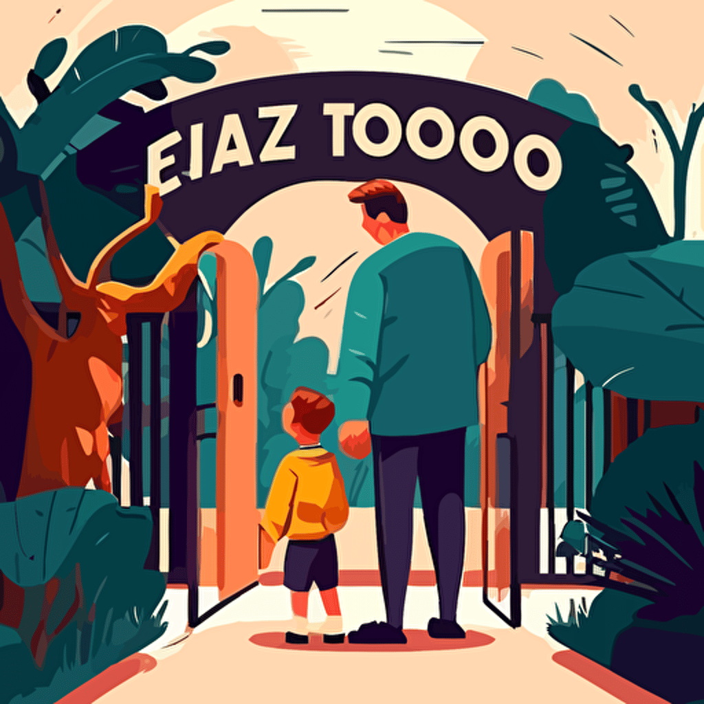 little boy visiting zoo with his father, children's book cover, zoo entrance, flat colors, 2d, vector