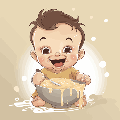 A baby is eating porridge with a happy expression and motion, no background,vector shapes,vectorart