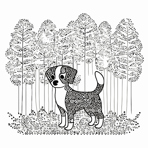 cute dog in the forest made by pointillism, big cute eyes, pixar style, outline and simple shapes, flat vector, white background