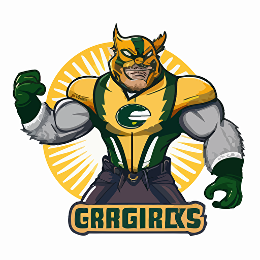 A silly cat-man who plays for the Green Bay Packers, crosseyed, sports logo style, white background, vector