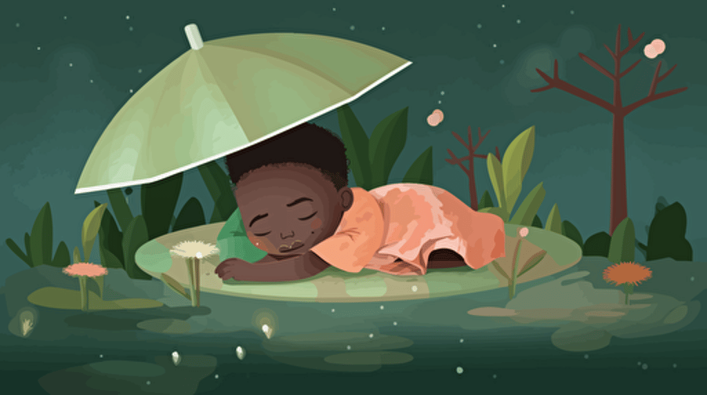 lullaby illustration digital art vector, sleeping on a lilypad in the rain, adorable African child.