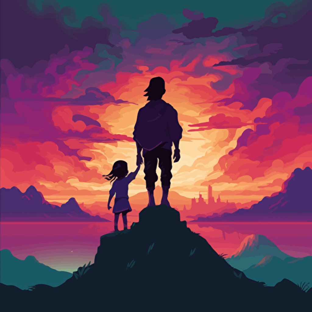 vector art, silouhette, a young child sitting on their dad's shoulders, as they look out at the horizon. perspective from the back, bright cocomelon colors, cell shade illustration style from zelda windwaker