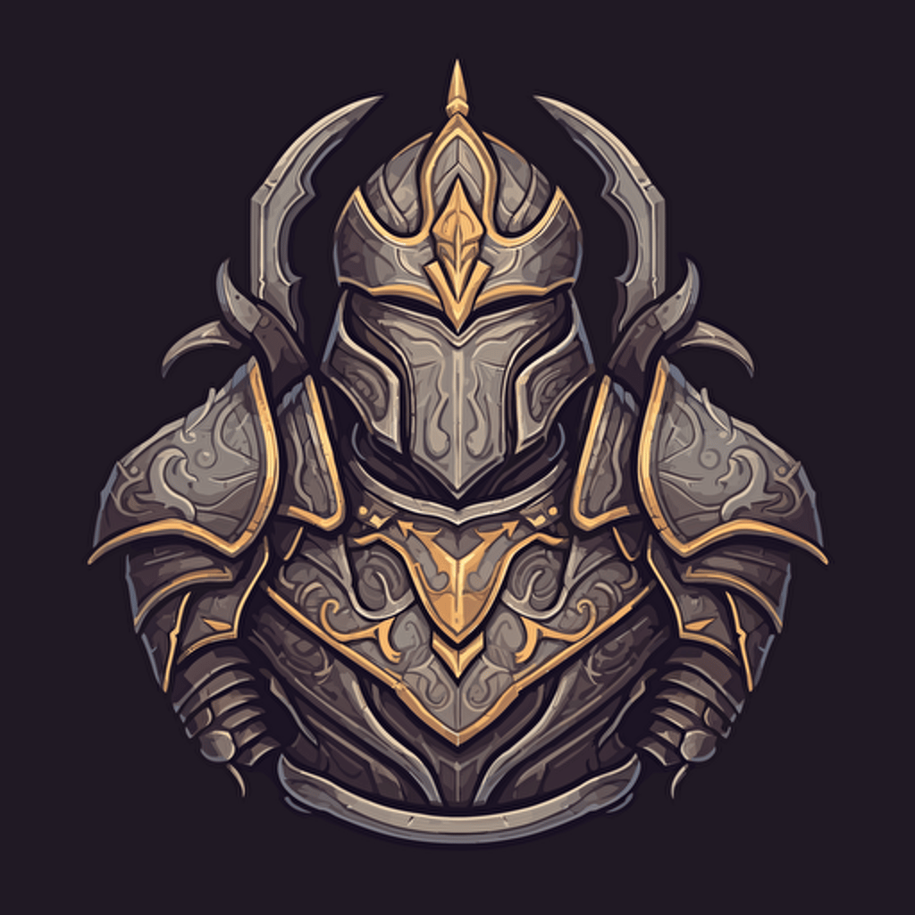 una armadura plateada de caballero medieval, vector, estilo league of legends, icon, rayos magicos