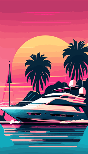 luxury motor yacht small in the background on see, waves, islands, palms, pink and light blue hues, flat abstract minimalistic vector style, vibrant neon colors, pink, light blue