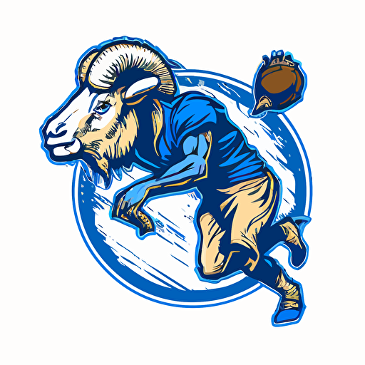 A goat who plays for the Detroit Lions, kicking an oblong football, sports logo style, white background, vector