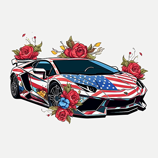 usa flag lambo, detailed, cartoon style, 2d clipart vector, creative and imaginative, floral, hd, white background