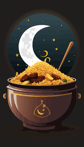 a ramadhan moon behind a pot of biriyani clear background illustration vector style