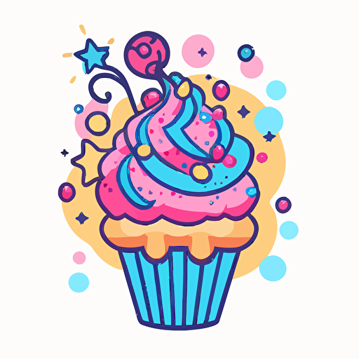 A dessert logo design, featuring a playful combination of pink, blue, and yellow colors, showcasing a whimsical cupcake with a swirl of frosting and sprinkles, evoking feelings of joy and sweetness, Illustration, digital art with a flat, vector style,