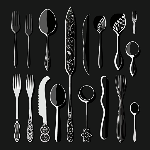utensil set, 2d, vector, black and white