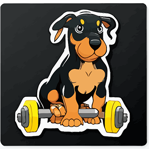vector happy Doberman puppy sitting next to a dumbell sticker+ white background + vibrant black and brown and yellow+ cartoon