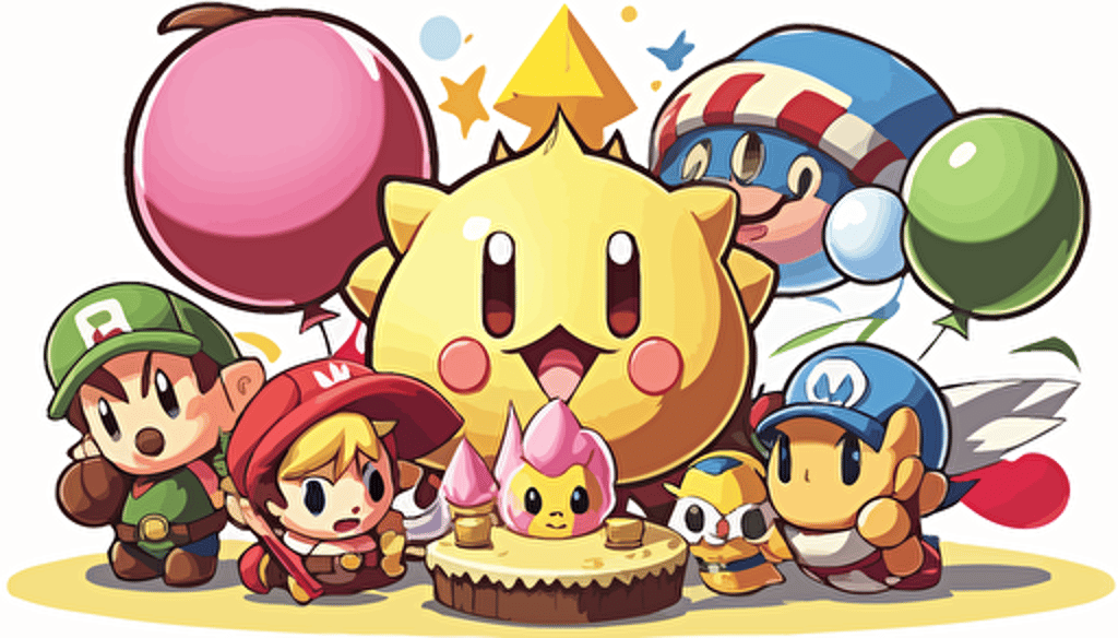 super smash bros charcters like Mario, Kirby, pikachu, donky kong, link, around a birthday cake, with balloons, vector art, flat background