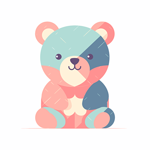 Flat 2d Vector, teddy bear, Cartoon Style, pastel, Minimalist And Cute Cartoon, Joyful, Childish and Delicate, Flat Textured Vector Illustration, white background, subject only