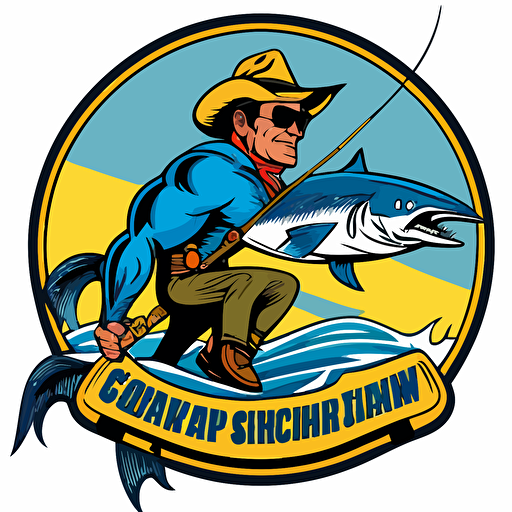 Logo retro design for an offshore fishing company "Saltwater Cowboy Charters" that features a young superman comic book style cowboy wearing sunglasses, holding a fishing pole, riding on top of a cartoon style blue marlin, flat, vector, 2D