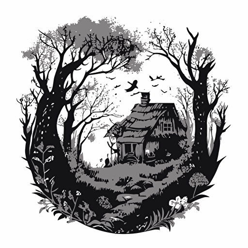 Black and White vector illustration small cottage hidden behind a thicket of trees and an old wizard