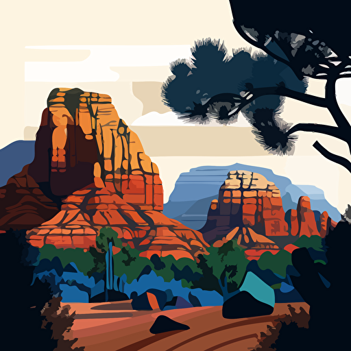 muted colored, detailed flat vector image of sedona buttes and treeline, stylistic collage with sky and silhouettes, high resolution