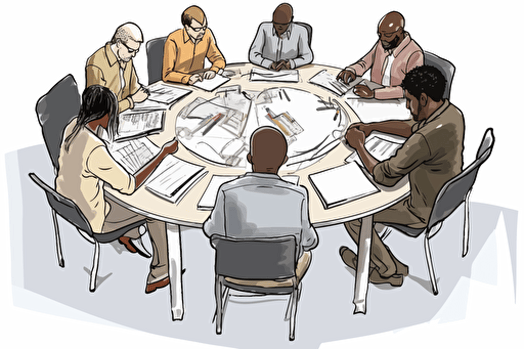 a vector illustration of a diverse business person writing or drawing at a round table. White background