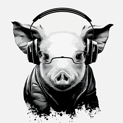 illustration of a pig for a dj logo, Paul Renner style, white background, black and white, vector style, the focus is in the face of the pig, using a headphones in his ears, informal teen style