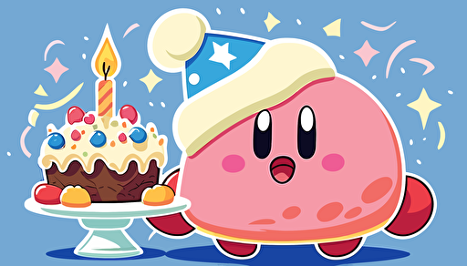 kirby wearing a birthday hat, holding a birthday cake, vector art, flat backgound,