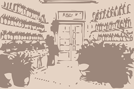 simple vector sketch of an old apothecary pharmacy with plants in pots