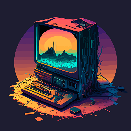 old computer, digital art, vector, long shadow, 45 degree point of view, by Grant Riven Yun , synthwave colors