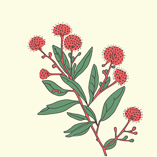 a vector flat image of a single curved stem of gum flowers up close. No shading. Block print red pink and green. Simple.