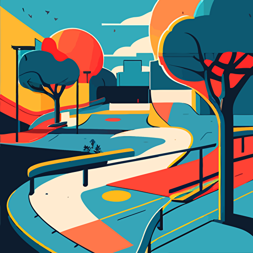 2d flat vector illustrator of a skatepark in Tokio, Tokio landscape background blue, yellowe and red colors