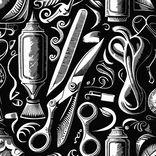 repeating pattern, barbershop clippers and shears, black and white, hd, detailed vector art