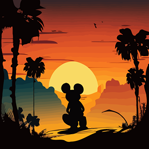 vector of a colorful sunset with the silhouette of Mickey Mouse