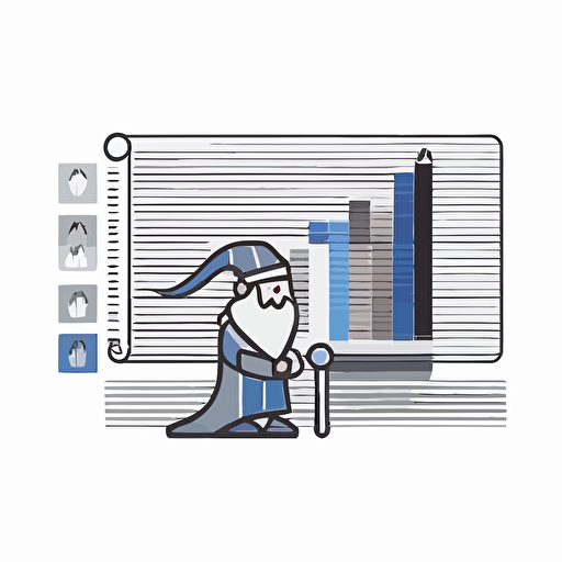 a very minimalistic vector corporate logo design of a wizard and on a horizontal gantt chart, blue, white and gray colors, white background