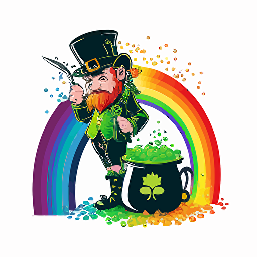 leprechaun at end of rainbow with pot full og bling, vector logo, vector art, emblem, simple cartoon, 2d, no text, white background
