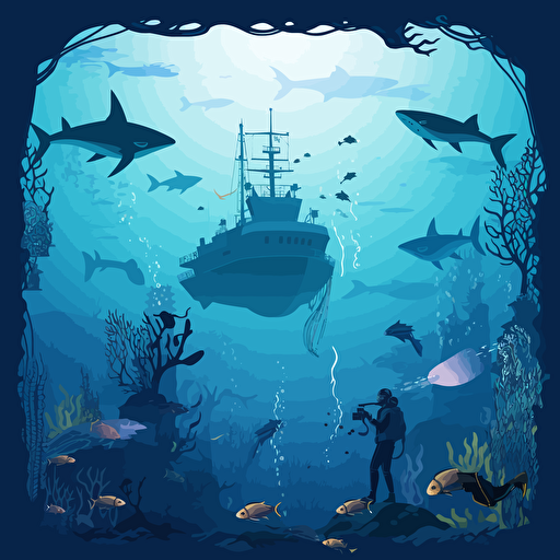 epic underwater scuba diving adventure with multiple divers and a shipwreck with sharks vector image
