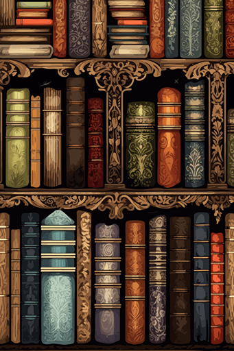 vector image, pdf, svg, thick strokes ::1 books with intricate bookcovers fill the shelves of the infinite library ::1