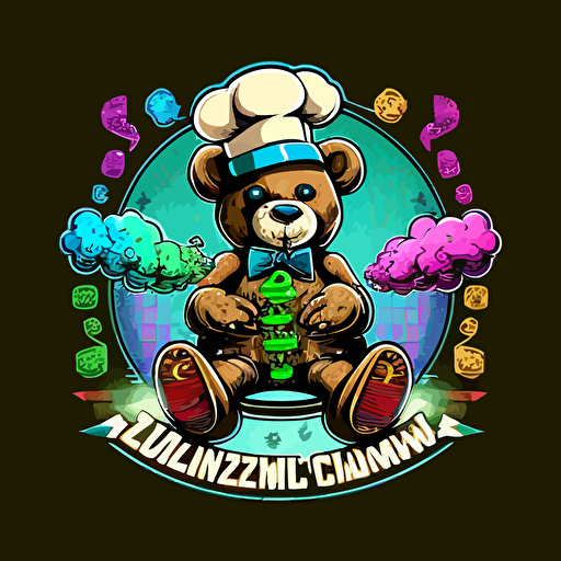 stoned futuristic teddy bear smoking marijuana in a candy factory, logo design, vector art