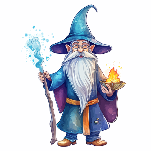cool wizard, detailed, cartoon style, 2d watercolor clipart vector, creative and imaginative, hd, white background