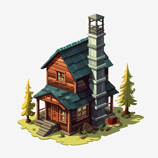 Cartoon vector style wooden hut with chimney, house of park ranger, isometric view, transparent background