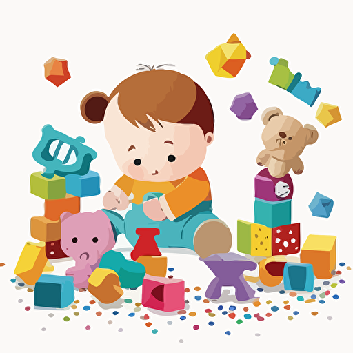 cute baby playing with toys, vector image, white background